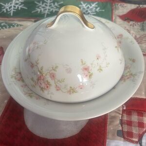 Vintage Haviland Limoges 3 piece Floral Butter Dish with Gold Accent